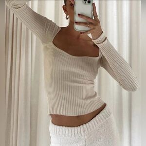 Princess Polly Cream Ribbed Long Sleeve Top